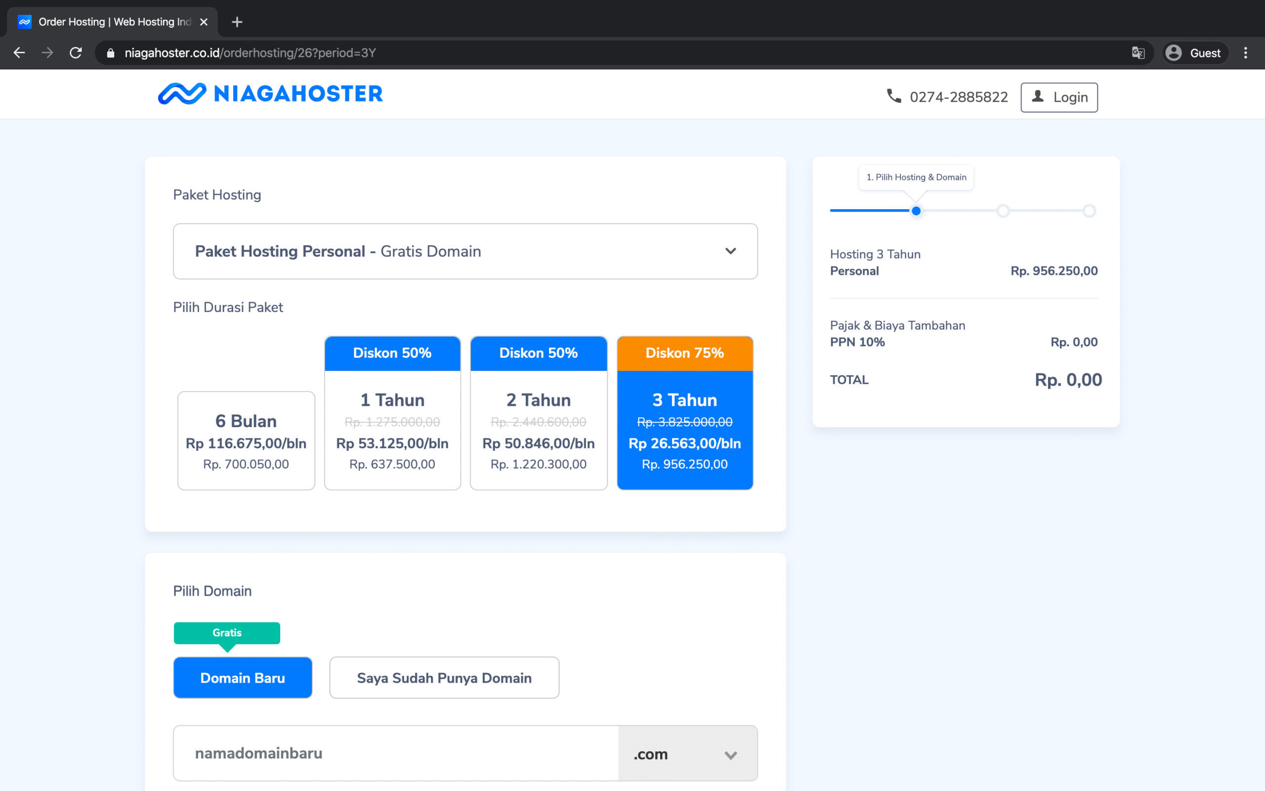 pilih paket dan durasi hosting